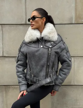 Стильная косуха-дубленка Vintage Grey с воротником из меха песца со шнуровкой на спине