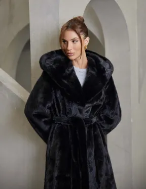 Классическая норковая шуба с капюшоном кобра черного цвета