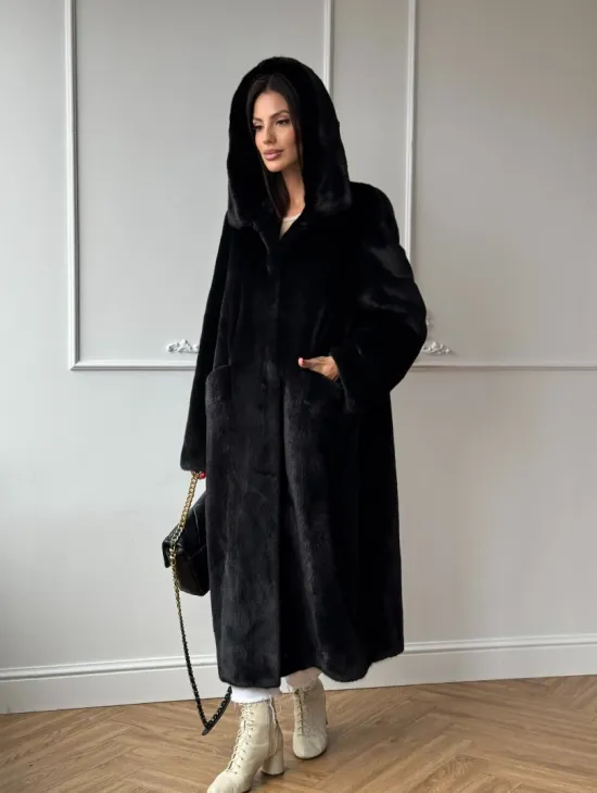 Натуральная черная женская шуба из меха норки Blackglama с капюшоном