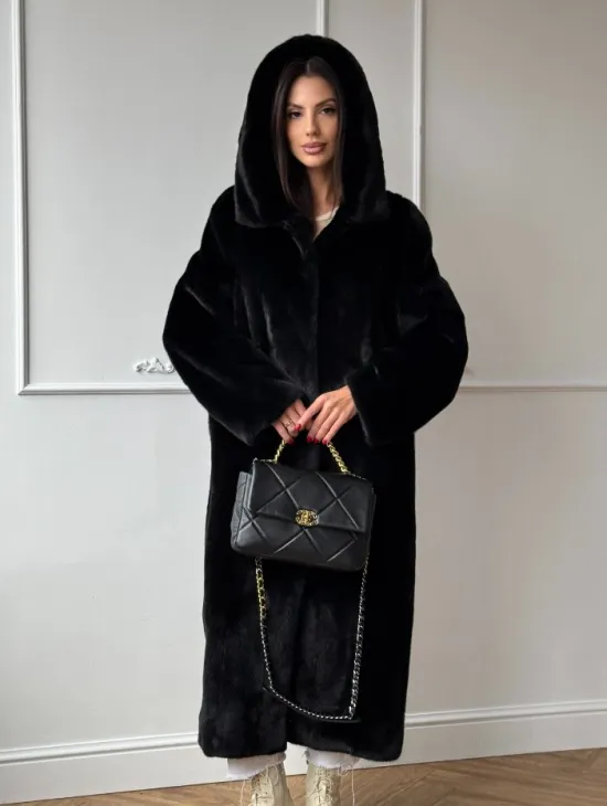 Натуральная черная женская шуба из меха норки Blackglama с капюшоном