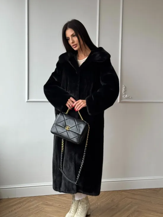 Натуральная черная женская шуба из меха норки Blackglama с капюшоном