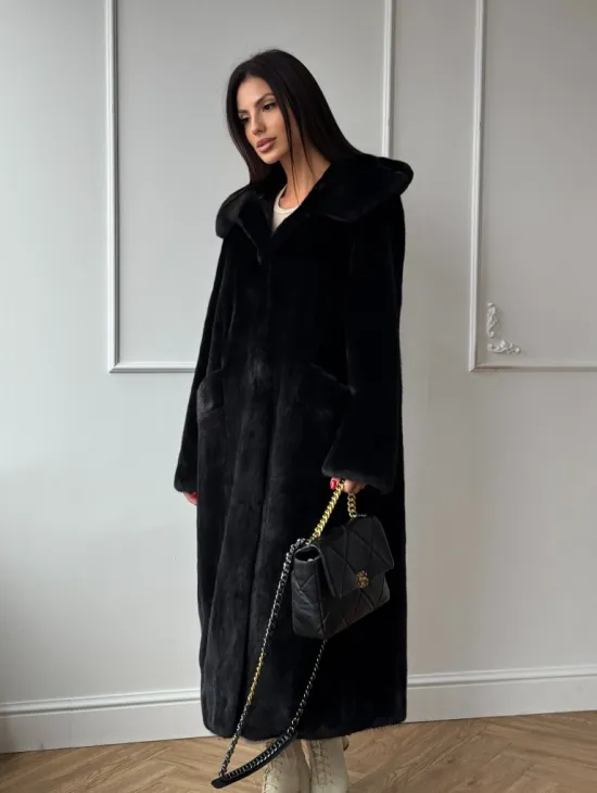 Натуральная черная женская шуба из меха норки Blackglama с капюшоном