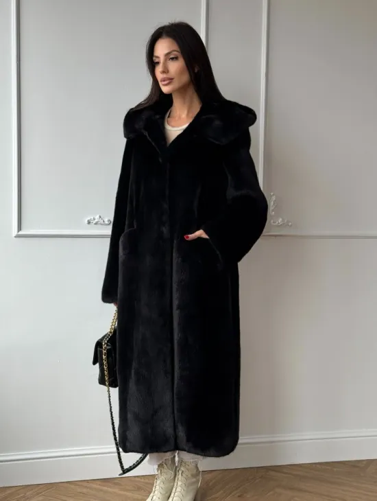 Натуральная черная женская шуба из меха норки Blackglama с капюшоном