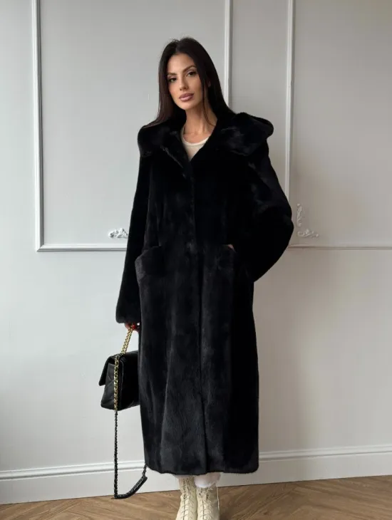 Натуральная черная женская шуба из меха норки Blackglama с капюшоном