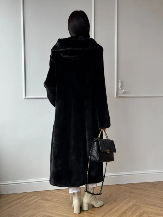 Натуральная черная женская шуба из меха норки Blackglama с капюшоном