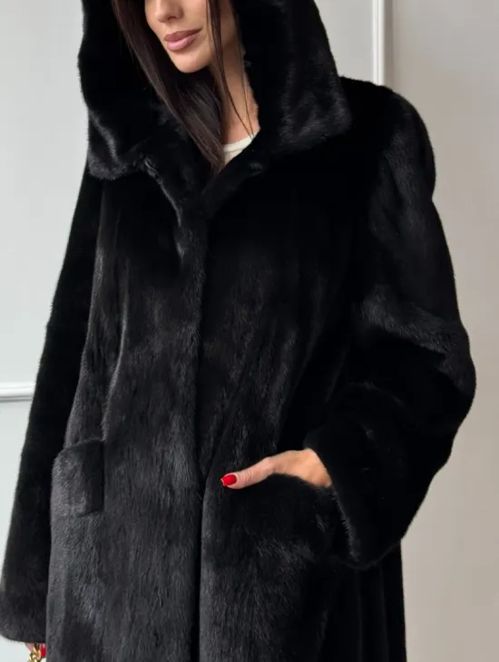 Натуральная черная женская шуба из меха норки Blackglama с капюшоном