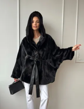 Летучая мышь шуба из меха норки Black с капюшоном - паркет