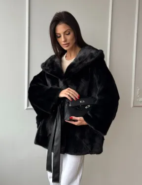 Летучая мышь шуба из меха норки Black с капюшоном - паркет