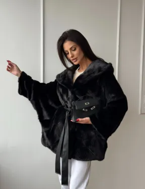 Летучая мышь шуба из меха норки Black с капюшоном - паркет