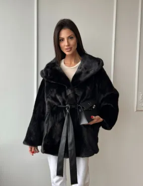 Летучая мышь шуба из меха норки Black с капюшоном - паркет