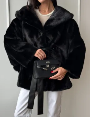 Летучая мышь шуба из меха норки Black с капюшоном - паркет