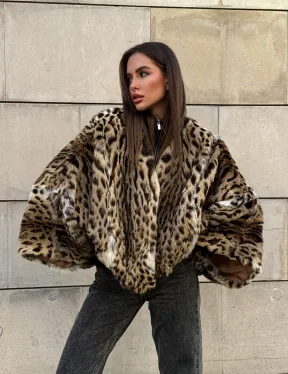 Женское манто из меха оцелота с потайным поясом - модель «Летучая мышь»