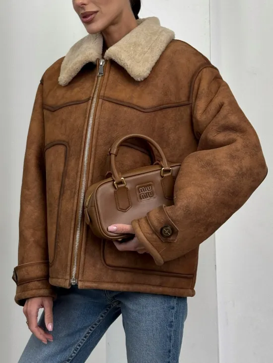 Зимняя короткая кожаная куртка из мериноса в стиле “Vintage”