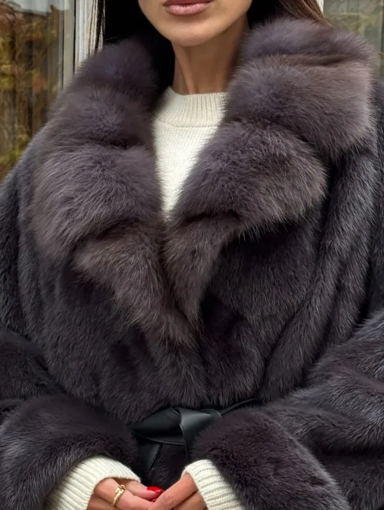 Шуба Летучая мышь из норки Graphite с английским воротником из меха куницы