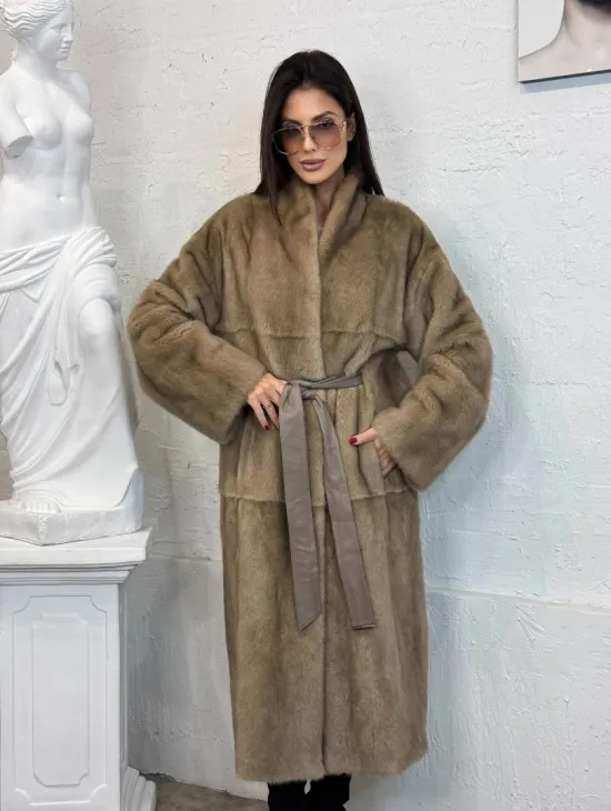 Элегантная норковая шуба кимоно с V-образным воротником в цвете Pastel