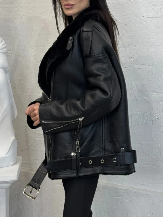 Дубленка зимняя авиатор из натуральной овчины - цвет черный