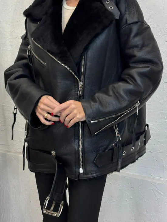 Дубленка зимняя авиатор из натуральной овчины - цвет черный