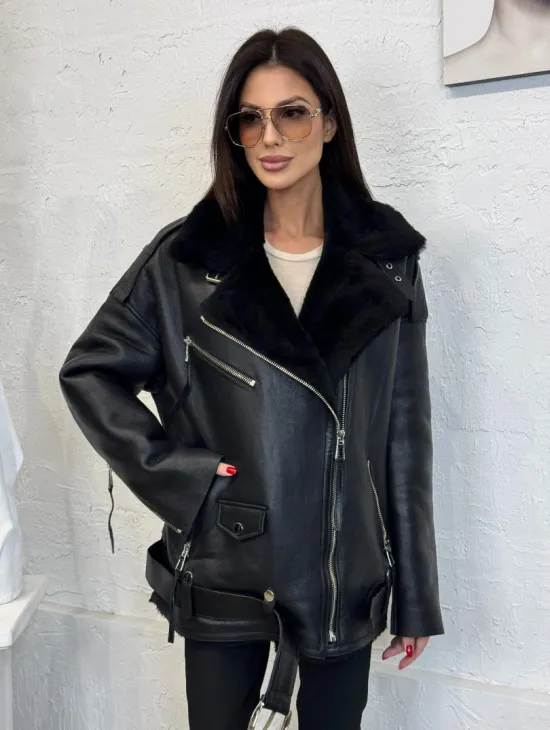 Дубленка зимняя авиатор из натуральной овчины - цвет черный