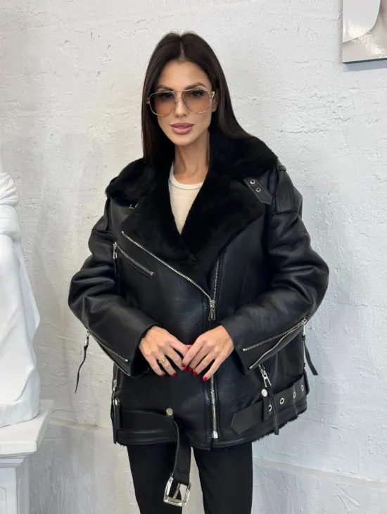 Дубленка зимняя авиатор из натуральной овчины - цвет черный