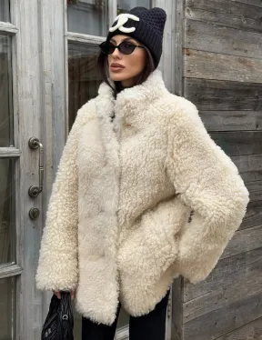 Женская шуба - дубленка двухсторонняя из натурального меха тиградо, стойка воротник