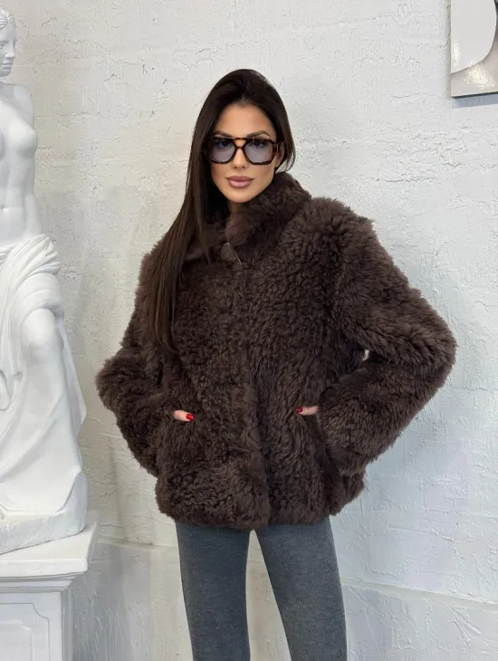 Полушубок - куртка женская из натуральной овчины с воротником апаш