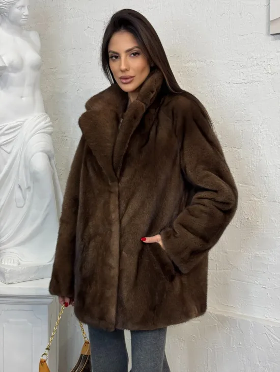 Женский жакет - полушубок Oversize из плюшевой норки Velvet английский воротник