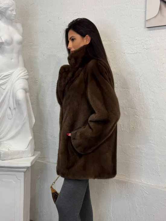 Женский жакет - полушубок Oversize из плюшевой норки Velvet английский воротник