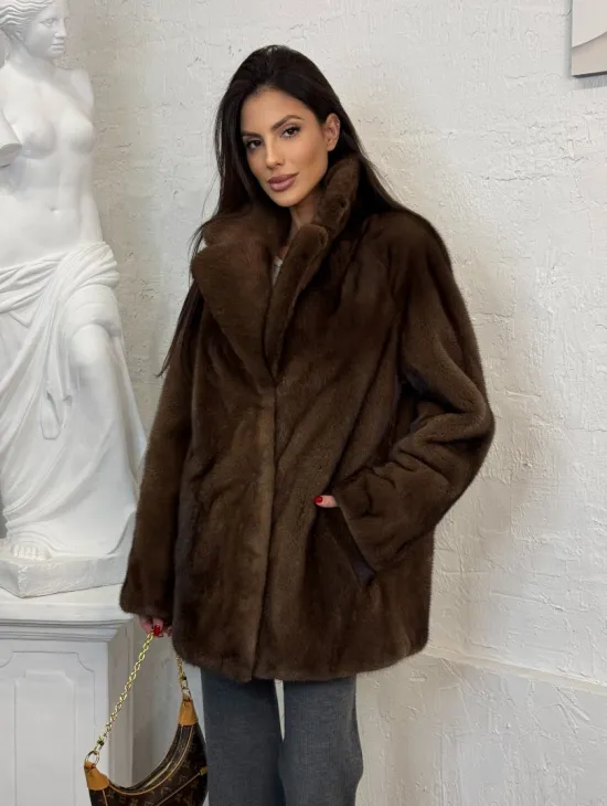 Женский жакет - полушубок Oversize из плюшевой норки Velvet английский воротник