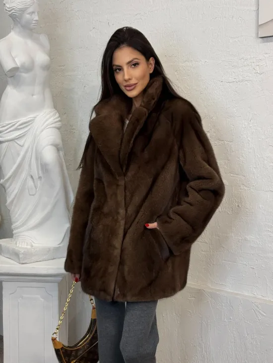 Женский жакет - полушубок Oversize из плюшевой норки Velvet английский воротник