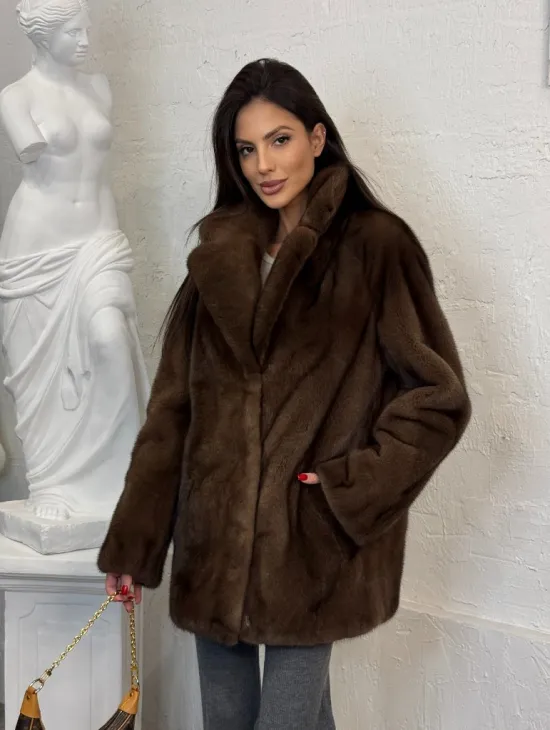 Женский жакет - полушубок Oversize из плюшевой норки Velvet английский воротник