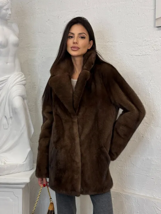 Женский жакет - полушубок Oversize из плюшевой норки Velvet английский воротник