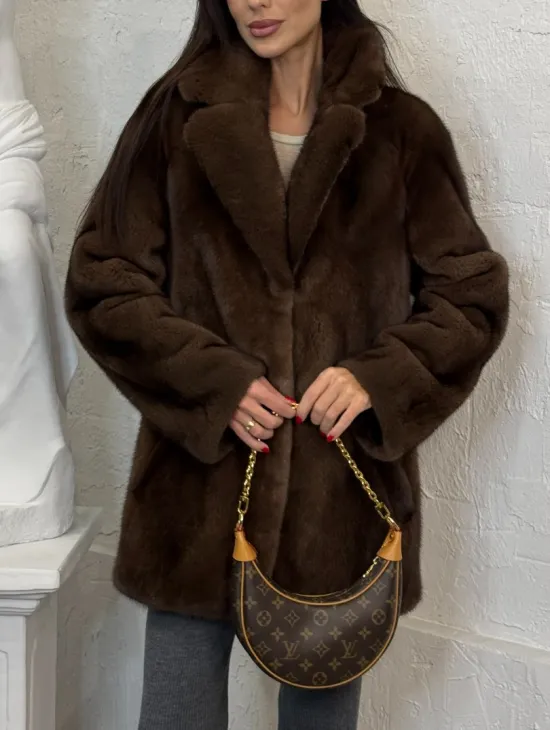 Женский жакет - полушубок Oversize из плюшевой норки Velvet английский воротник