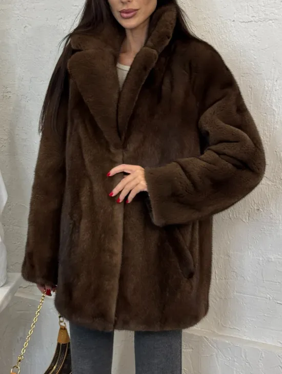 Женский жакет - полушубок Oversize из плюшевой норки Velvet английский воротник