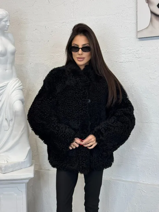 Черный двухсторонний полушубок из натурального меха овчины