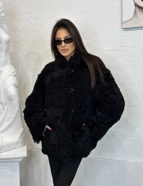 Черный двухсторонний полушубок из натурального меха овчины