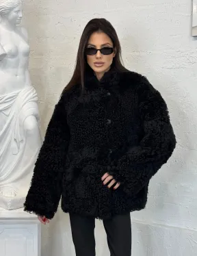 Черный двухсторонний полушубок из натурального меха овчины