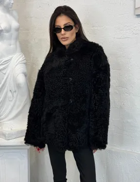 Черный двухсторонний полушубок из натурального меха овчины