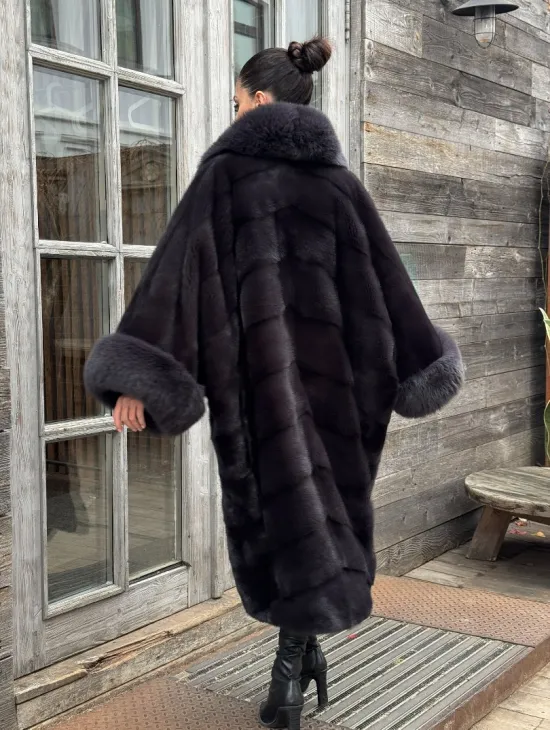 Женская норковая шуба в стиле «Бохо» с отделкой на воротнике и рукавах из меха песца