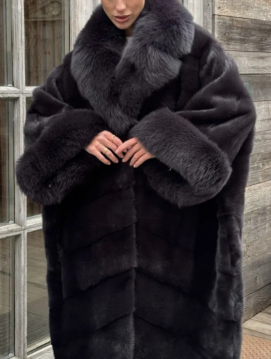 Женская норковая шуба в стиле «Бохо» с отделкой на воротнике и рукавах из меха песца