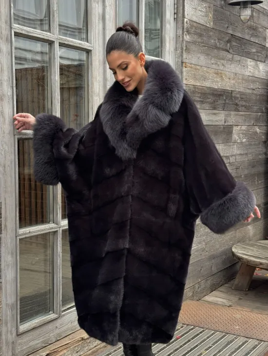 Женская норковая шуба в стиле «Бохо» с отделкой на воротнике и рукавах из меха песца