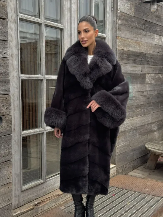 Женская норковая шуба в стиле «Бохо» с отделкой на воротнике и рукавах из меха песца