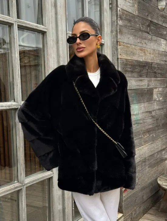 Черный короткий полушубок из плюшевой норки VELVET с английским воротником