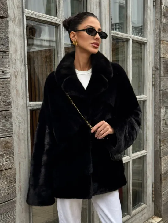 Черный короткий полушубок из плюшевой норки VELVET с английским воротником