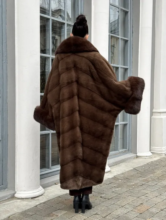 Норковая шуба пальто стиль «Бохо» с воротником и рукавами из меха песца - цвет орех