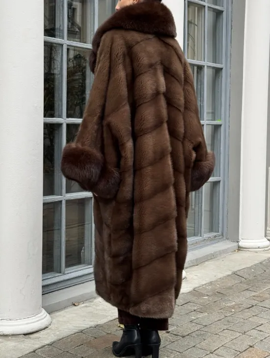 Норковая шуба пальто стиль «Бохо» с воротником и рукавами из меха песца - цвет орех