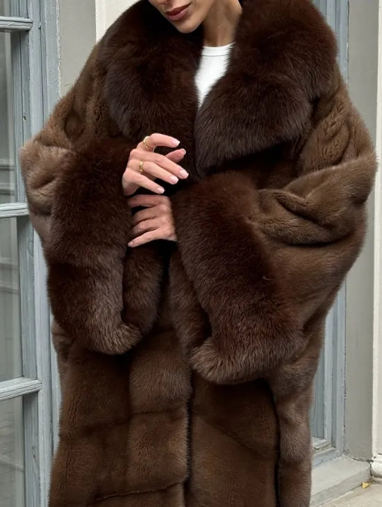 Норковая шуба пальто стиль «Бохо» с воротником и рукавами из меха песца - цвет орех