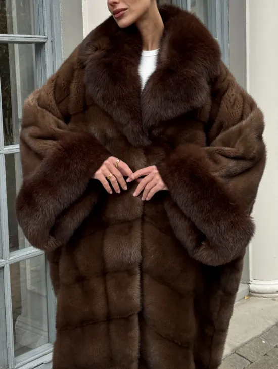 Норковая шуба пальто стиль «Бохо» с воротником и рукавами из меха песца - цвет орех