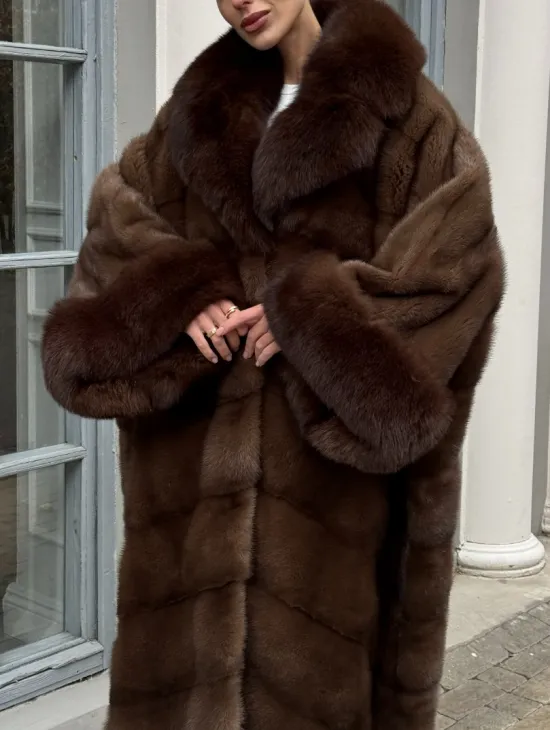 Норковая шуба пальто стиль «Бохо» с воротником и рукавами из меха песца - цвет орех