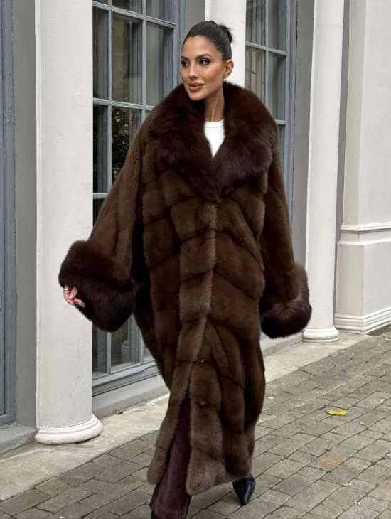 Норковая шуба пальто стиль «Бохо» с воротником и рукавами из меха песца - цвет орех