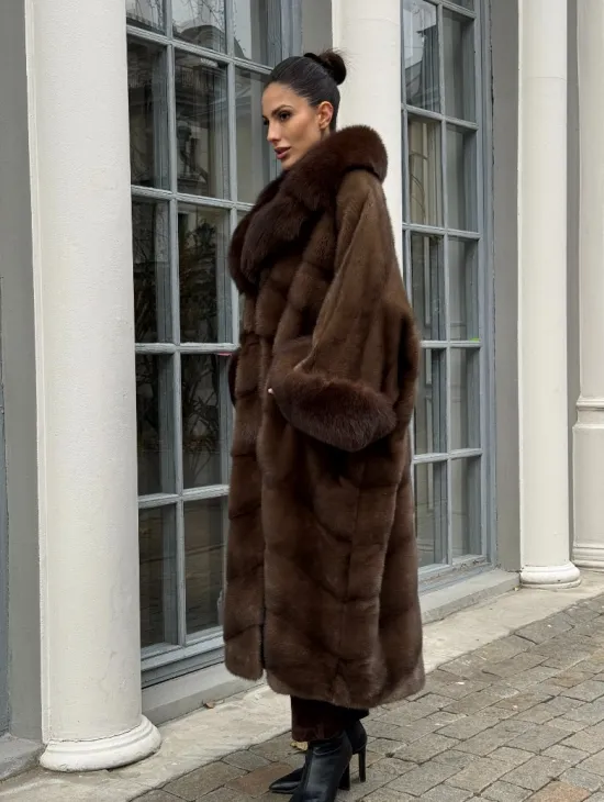 Норковая шуба пальто стиль «Бохо» с воротником и рукавами из меха песца - цвет орех